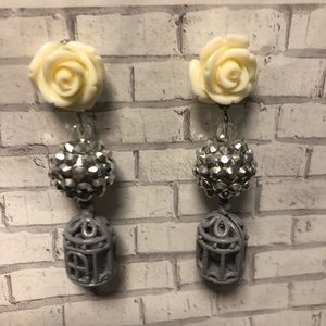 Birdcage silver glam rose ivory dangle earrings